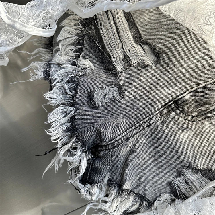 Ruffle Leaf Edge Irregular Curtain Skirt Sweet A Line Skirt Lace Splicing Denim Shorts Street Hipster Denim Shorts Women