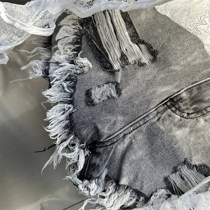 Ruffle Leaf Edge Irregular Curtain Skirt Sweet A Line Skirt Lace Splicing Denim Shorts Street Hipster Denim Shorts Women