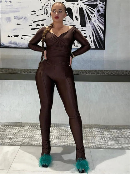 Simenual Casual Skinny Women Two Piece Set Sexy Deep V Crop Tops High Waist Pants Cyber Y2K Outfits Slim Co Ord Suits Streetwear