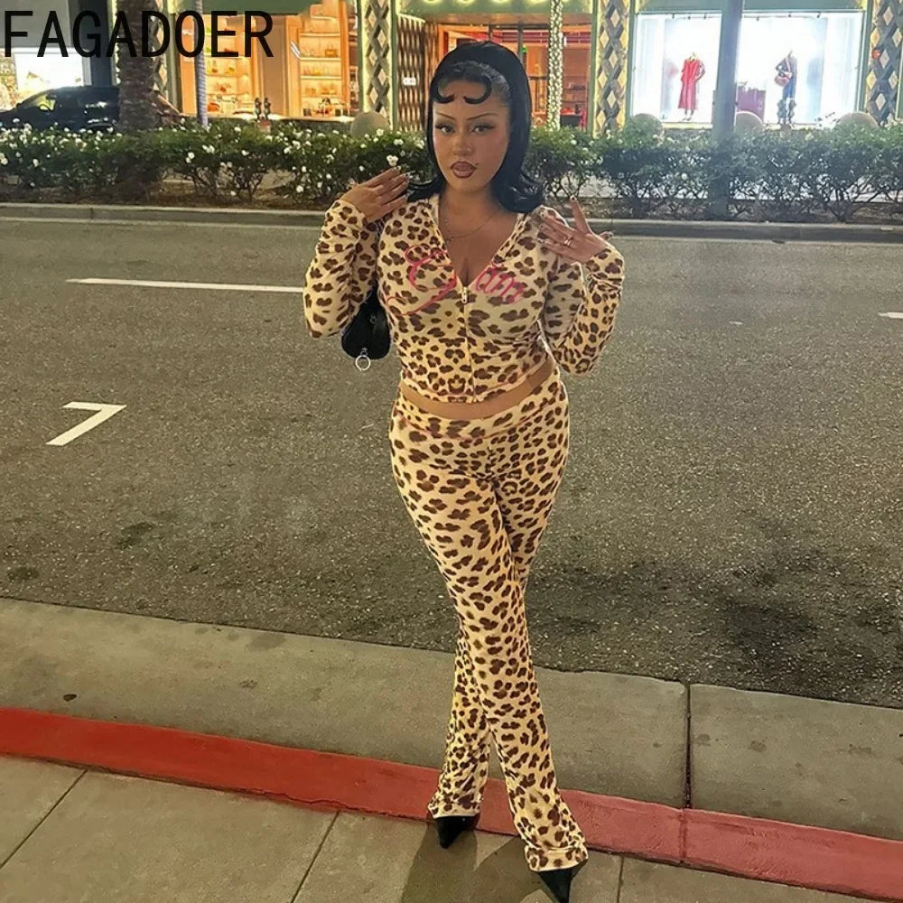 FAGADOER Sexy Leopard Print 2 Piece Sets Women Outfit Long Sleeve Zipper Hooded Crop Jacket + Flare Pants Suits Female Clothing