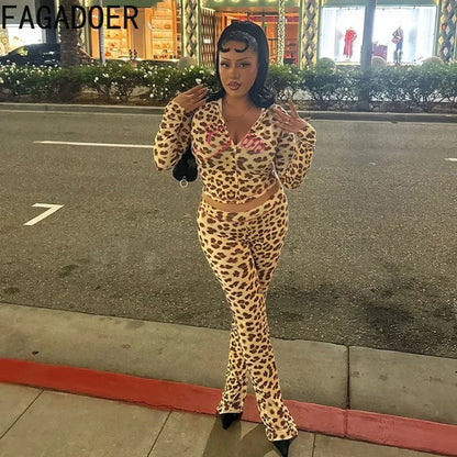 FAGADOER Sexy Leopard Print 2 Piece Sets Women Outfit Long Sleeve Zipper Hooded Crop Jacket + Flare Pants Suits Female Clothing