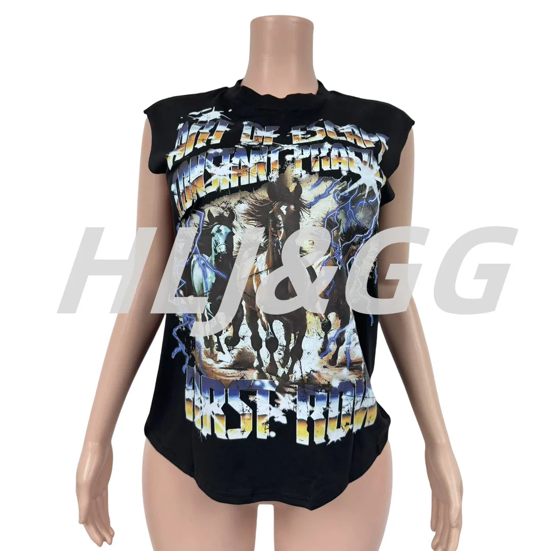HLJ&GG Black Fashion Graphic Printing Loose T Shirts Women Round Neck Sleeveless Tops Summer New Female Hip Hop Streetwear 2025