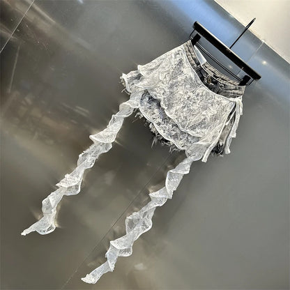 Ruffle Leaf Edge Irregular Curtain Skirt Sweet A Line Skirt Lace Splicing Denim Shorts Street Hipster Denim Shorts Women