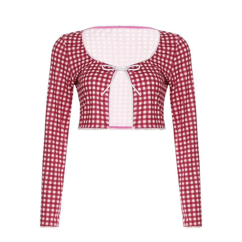 2025 New Women Red Plaid Print 2 Piece Set O-neck Full Sleeve Lace Up Cardigan Crop Tops + Knee Length Pencil Pants Casual Suit