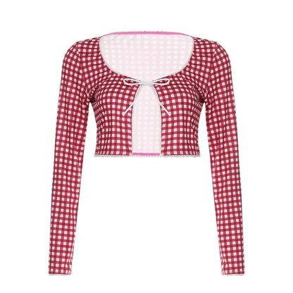 2025 New Women Red Plaid Print 2 Piece Set O-neck Full Sleeve Lace Up Cardigan Crop Tops + Knee Length Pencil Pants Casual Suit