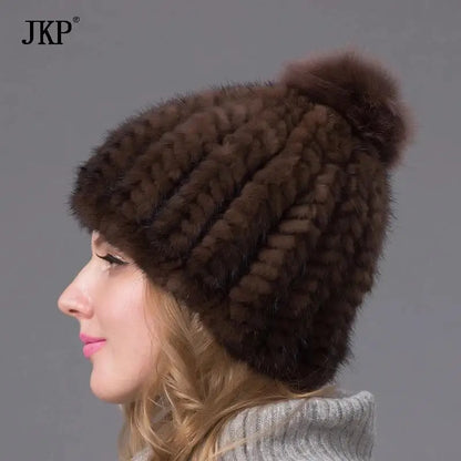 2024 New Genuine Mink Fur Hat Fashion Winter Warm Ball Caps With Copious Female Beanie Knit Cap and Liner 6 Colors BZ-11