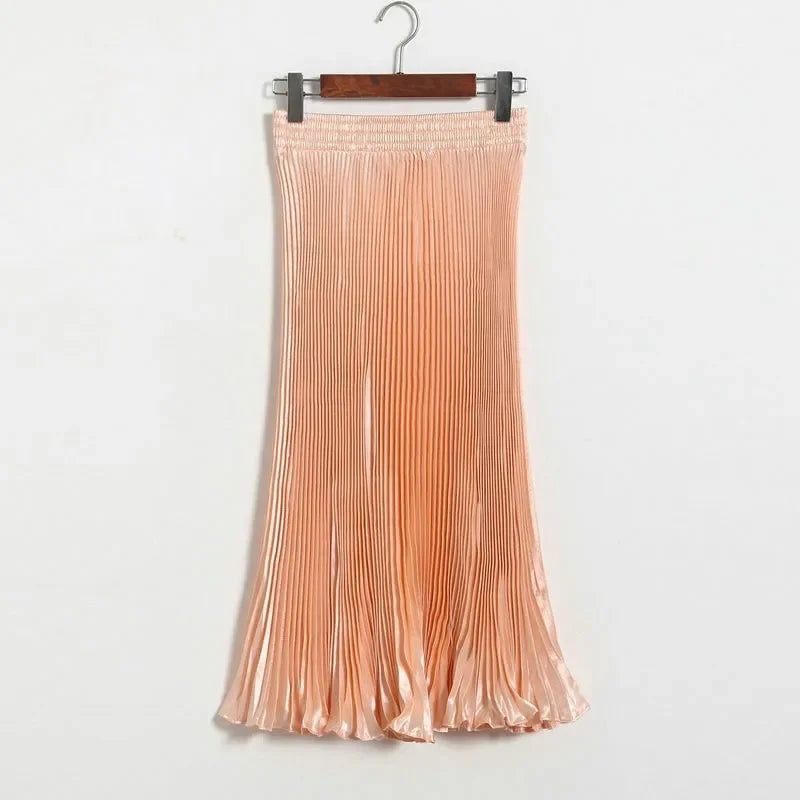 Women's Fashion Pleated Mermaid Long Skirt Korean Style Casual High Waist Satin Flowy Skirts Shiny 19 Colors 2024 Spring SK500