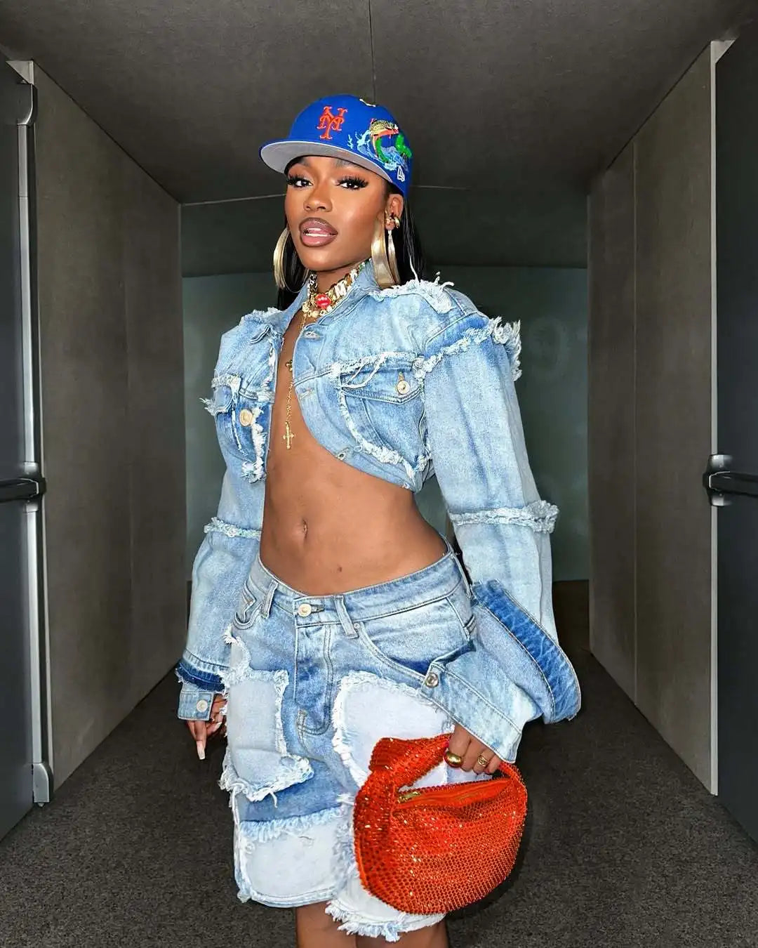 FAGADOER Summer New Fashion Denim 2 Piece Sets Woman Outfit Long Sleeves Patchwork Crop Jacket + Short Female Streetwear New