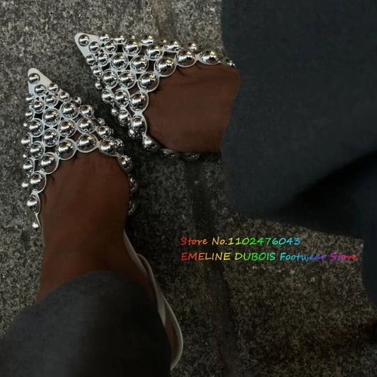 White Hollow Beads Pointed Toe Stiletto Heel Pumps Women Summer New Sexy Slingback Buckle Strap Solid Color High Heel Sandals