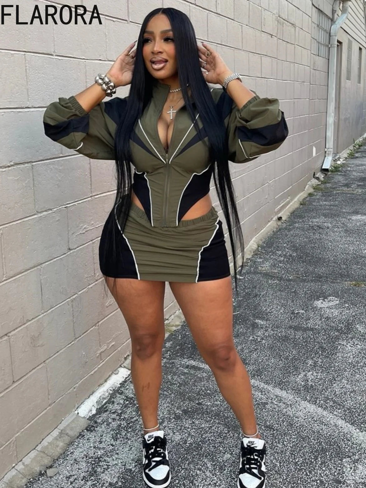 FLARORA Fashion Patchwork 2Pcs Sets Woman Long Sleeve Zipper Irregular Crop Jacket And Skinny Mini Skirts Streetwear Outfits New