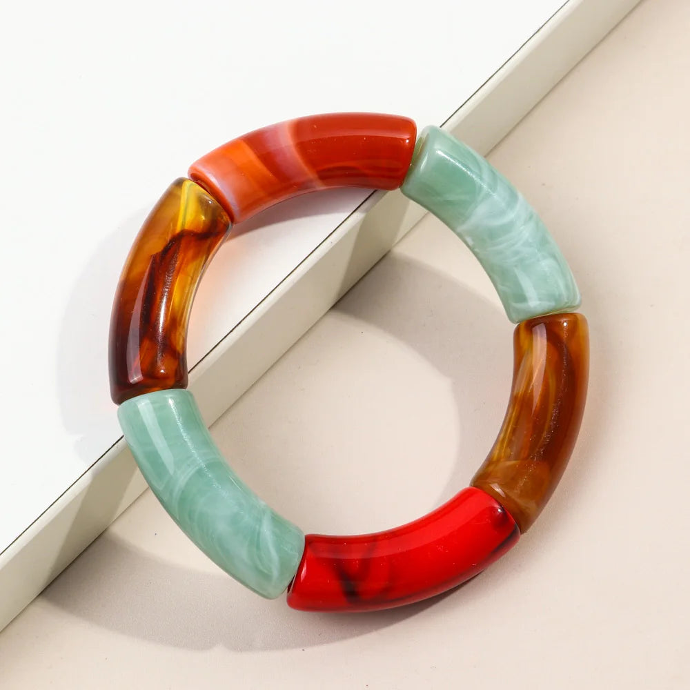 FishSheep Trendy Acrylic Stacked Bamboo Beads Bangles Bracelets for Women Bohemian Resin Elastic Beaded Bracelets Set Jewelry