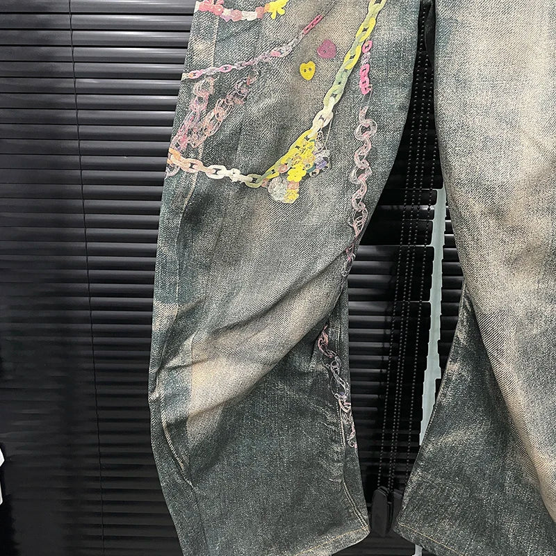DEAT Fashion Women's 3D Chain Printed Contrast Color Jeans Niche Design High Waist Casual Denim Pants Female Trendy 11A04071