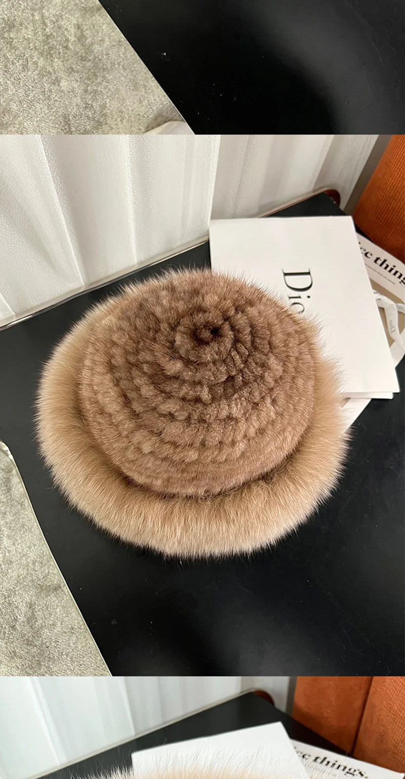 New Genuine Real Natural Knitted Mink Fur Hat Cap Luxury Women Handmade Knit Fashion Winter Headwear Warm Real Fox Fur Beanies