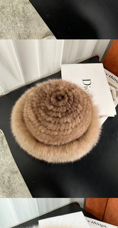New Genuine Real Natural Knitted Mink Fur Hat Cap Luxury Women Handmade Knit Fashion Winter Headwear Warm Real Fox Fur Beanies