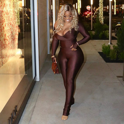 Fashion Women's Two Piece Set Autumn/winter 2025 New Solid Sexy Cross V-Neck Set Long Sleeve Pants Casual Set