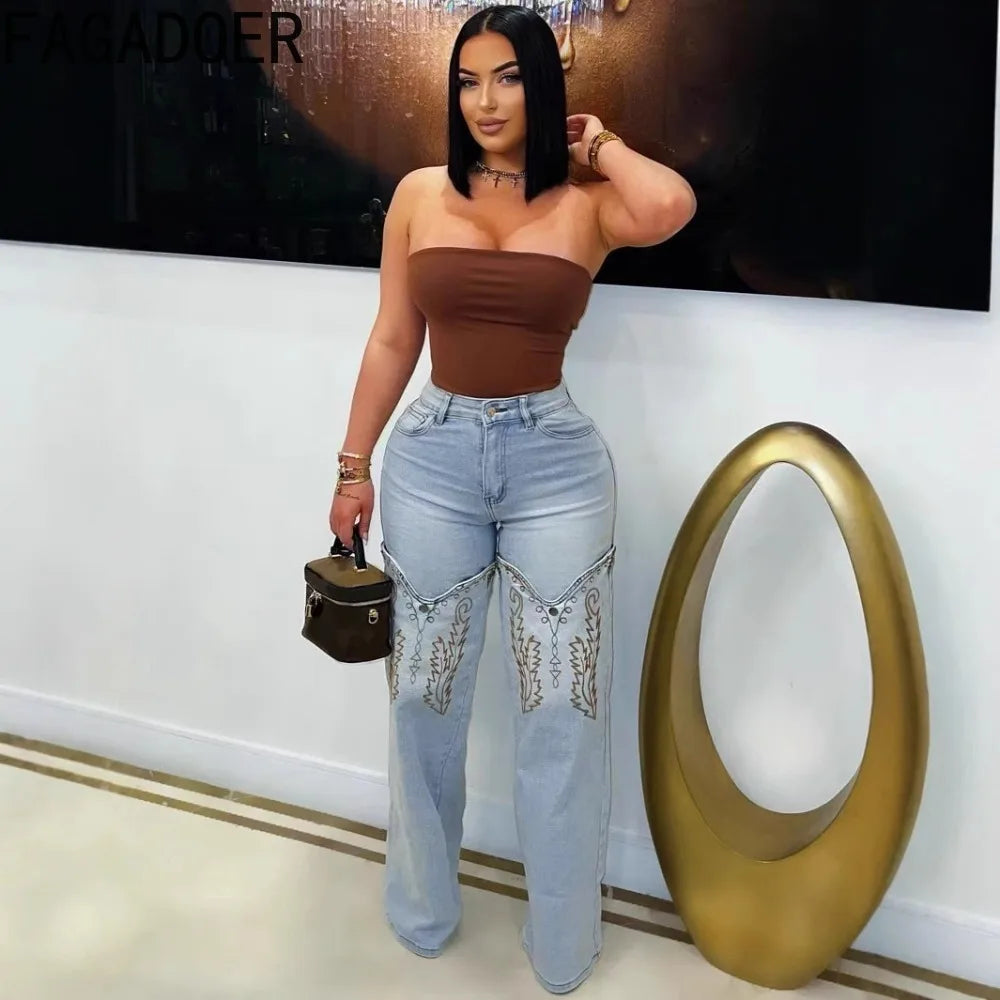 FAGADOER Y2k Fashion Embroidery Denim Straight Leg Pants Women 2025 Summer New Retro Washed Jeans Straight Trousers Streetwear
