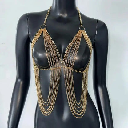 New Variety Of Body Chain Temperament White Pearl Suspender Silver Chain Top Metal Layered Fashionable Women's Clothing
