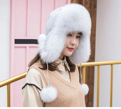 2025 100% Real Fox Fur Hats Women's Russian Ushanka Aviator Trapper Snow Skiing Hat Caps Earflap Winter Raccoon Fur Bomber Hat