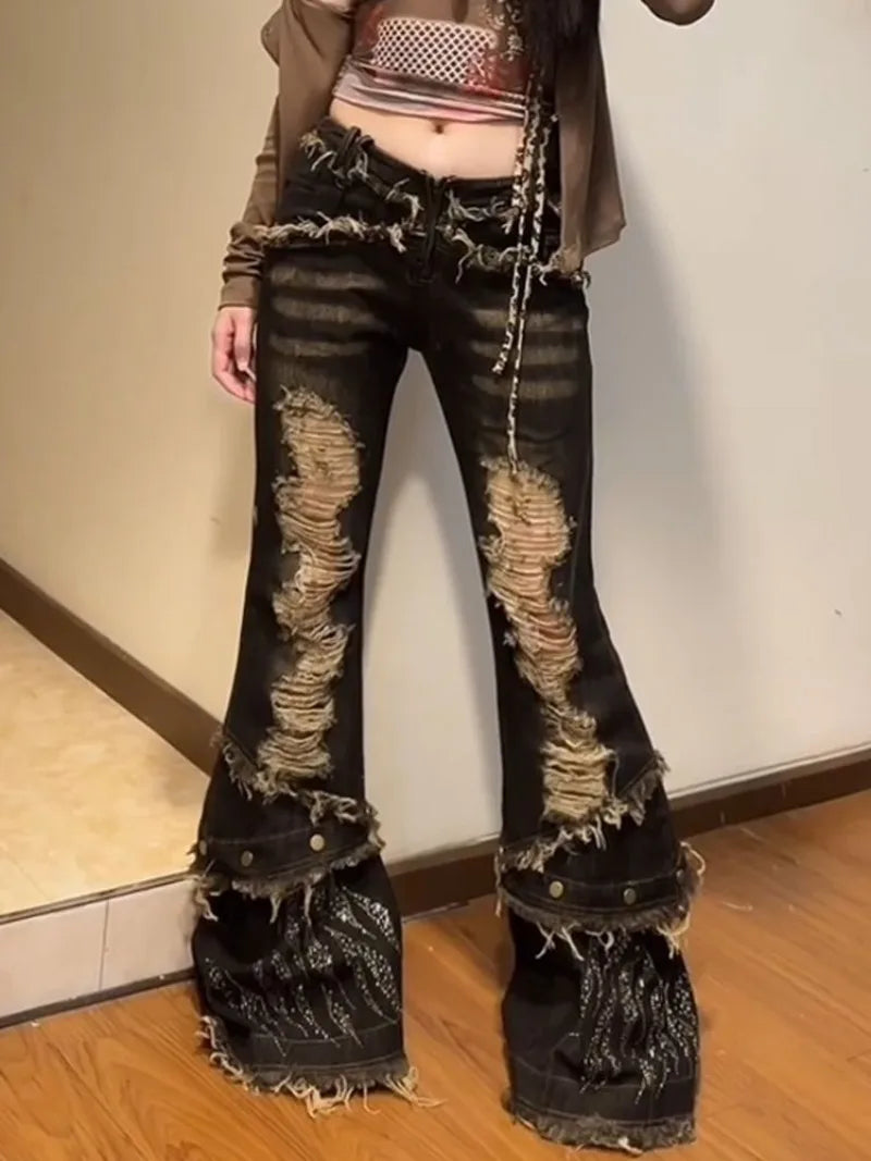 Ropa Y2K Grunge New Rock Ripped Stacked Jeans Flare Pants for Women 90S Vintage Clothes Washed Black Lady Gothic Trousers 2025