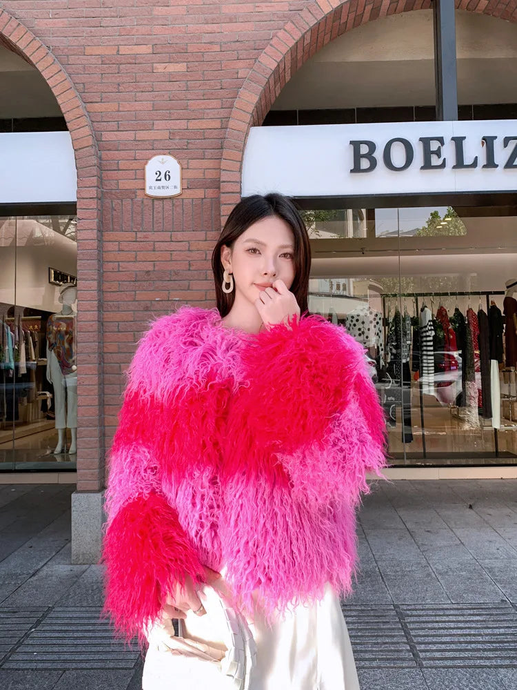 Faux Fur Coats Women Lamb Wool Short Coat Y2k Streetwear Thick Warm Y2k Streetwear Elegant Pink Jackets Open Stitch Jacket