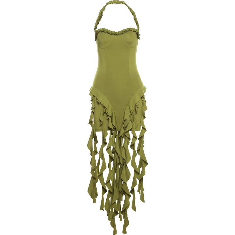 Weird Puss Chic Irregular Tassel Hem Dress Women Backless Halter Party Summer Sexy Birthday Party Split Midnight Club Bodycon