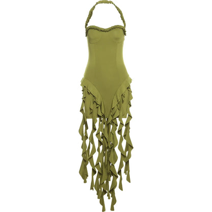 Weird Puss Chic Irregular Tassel Hem Dress Women Backless Halter Party Summer Sexy Birthday Party Split Midnight Club Bodycon