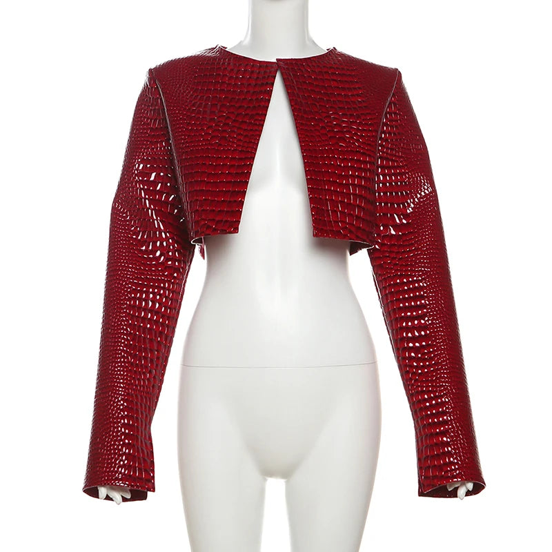 Women O Neck Long Sleeve PU Faux Leather Cropped Jackets Punk Grunge Casual Coats 2024 Spring Fall Harajuku Y2K Clothes