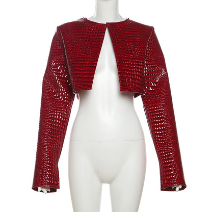 Women O Neck Long Sleeve PU Faux Leather Cropped Jackets Punk Grunge Casual Coats 2024 Spring Fall Harajuku Y2K Clothes