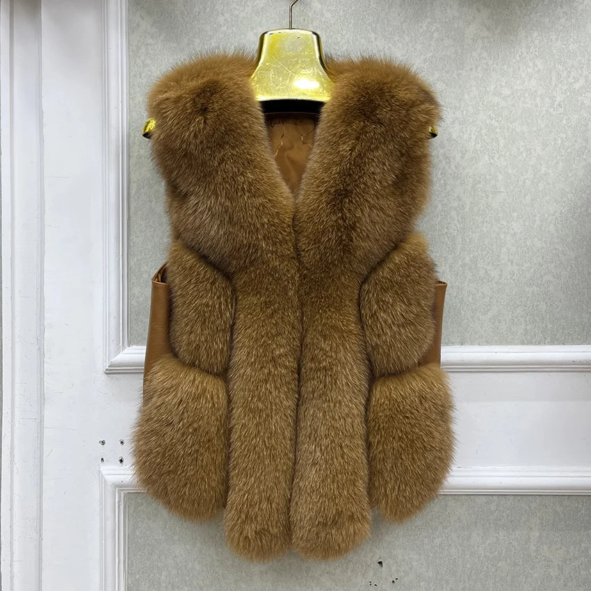 2024 New Autumn Winter Warm Women's Coat Natural Real Fox Fur Vest Thick Mid Length Waistcoat Luxury Female Jacket Streetwear