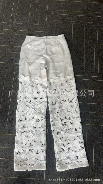 Women's Spring Summer Fashion Hollow Out Lace Splicing Denim Drape Pants Full Length Trousers