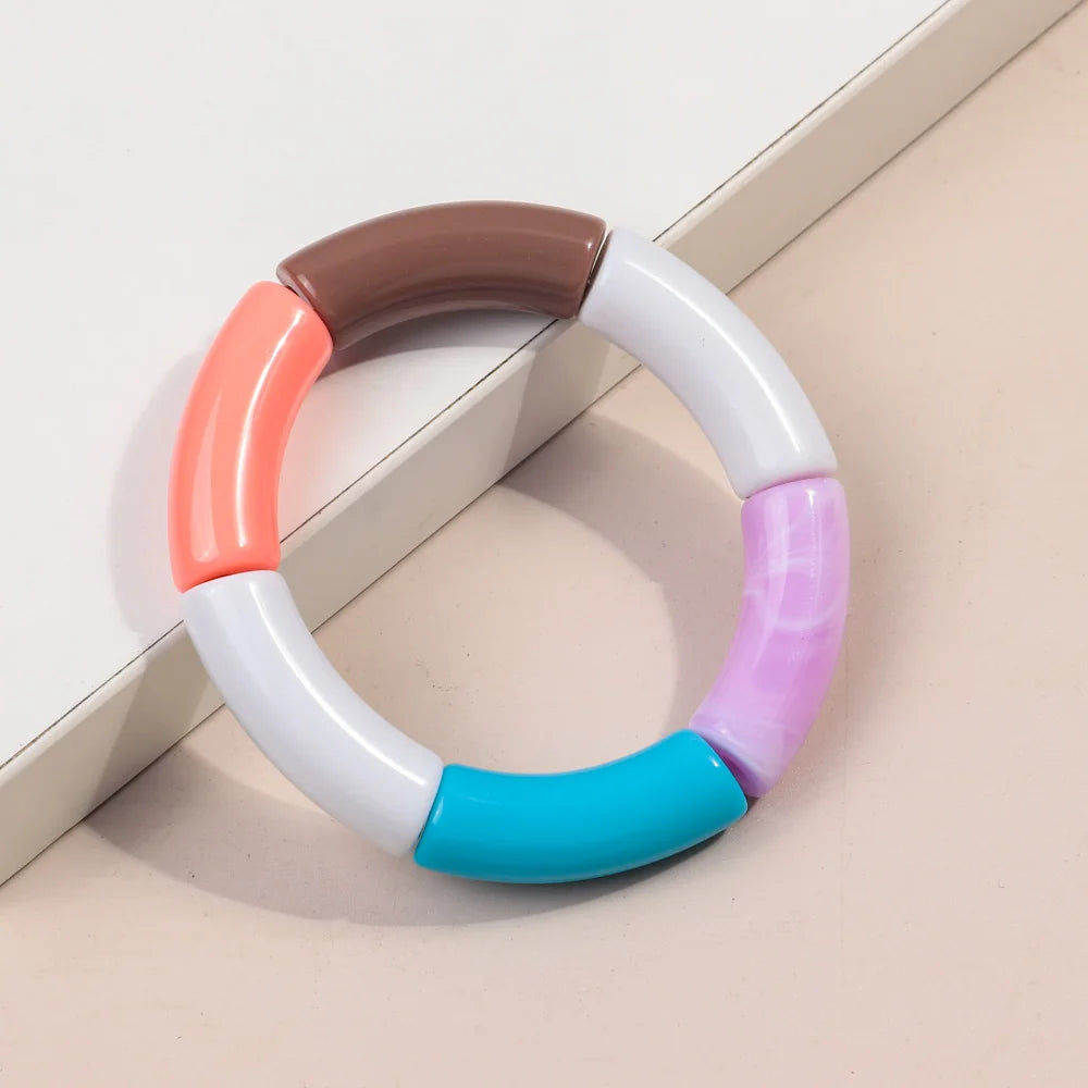 FishSheep Trendy Acrylic Stacked Bamboo Beads Bangles Bracelets for Women Bohemian Resin Elastic Beaded Bracelets Set Jewelry