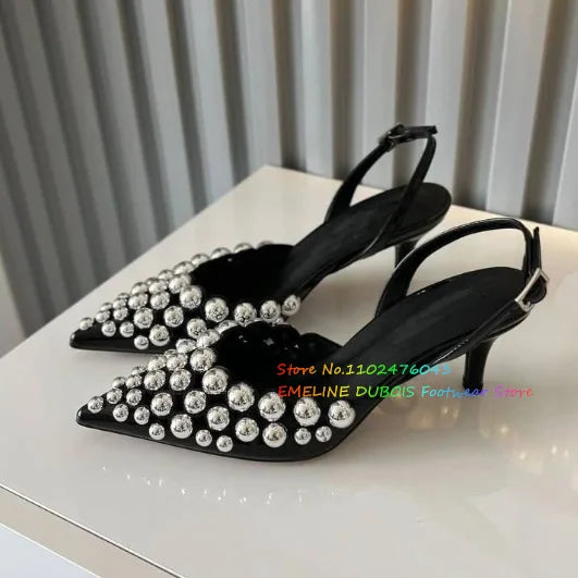White Hollow Beads Pointed Toe Stiletto Heel Pumps Women Summer New Sexy Slingback Buckle Strap Solid Color High Heel Sandals
