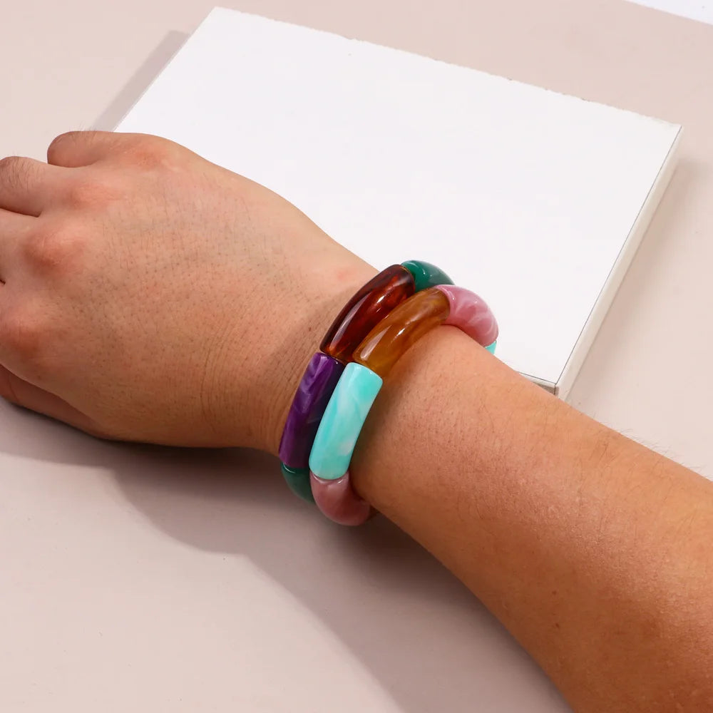 FishSheep Trendy Acrylic Stacked Bamboo Beads Bangles Bracelets for Women Bohemian Resin Elastic Beaded Bracelets Set Jewelry