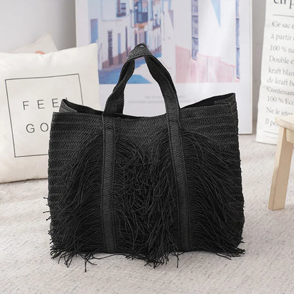 Large Capacity Straw Tote Bags for Women Designer Handbags Bohemian Tassel Beach Bag Handmade Woven Shoulder Bag Travel Shopper