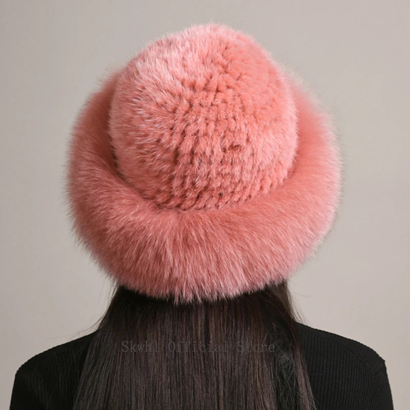 New Genuine Real Natural Knitted Mink Fur Hat Cap Luxury Women Handmade Knit Fashion Winter Headwear Warm Real Fox Fur Beanies
