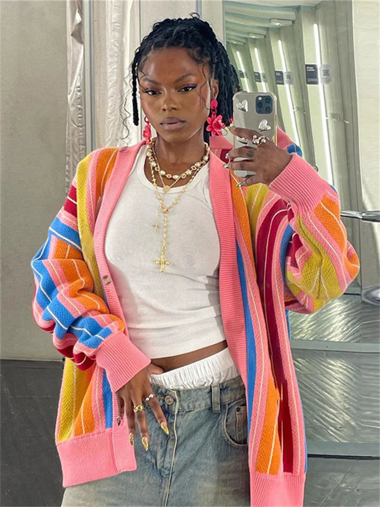 Whatiwear Colorful Striped Sweater Woman Y2K Trend Single-Breasted Long Sleeve Street Hipster Wild Loose Classic Cardigan Coats