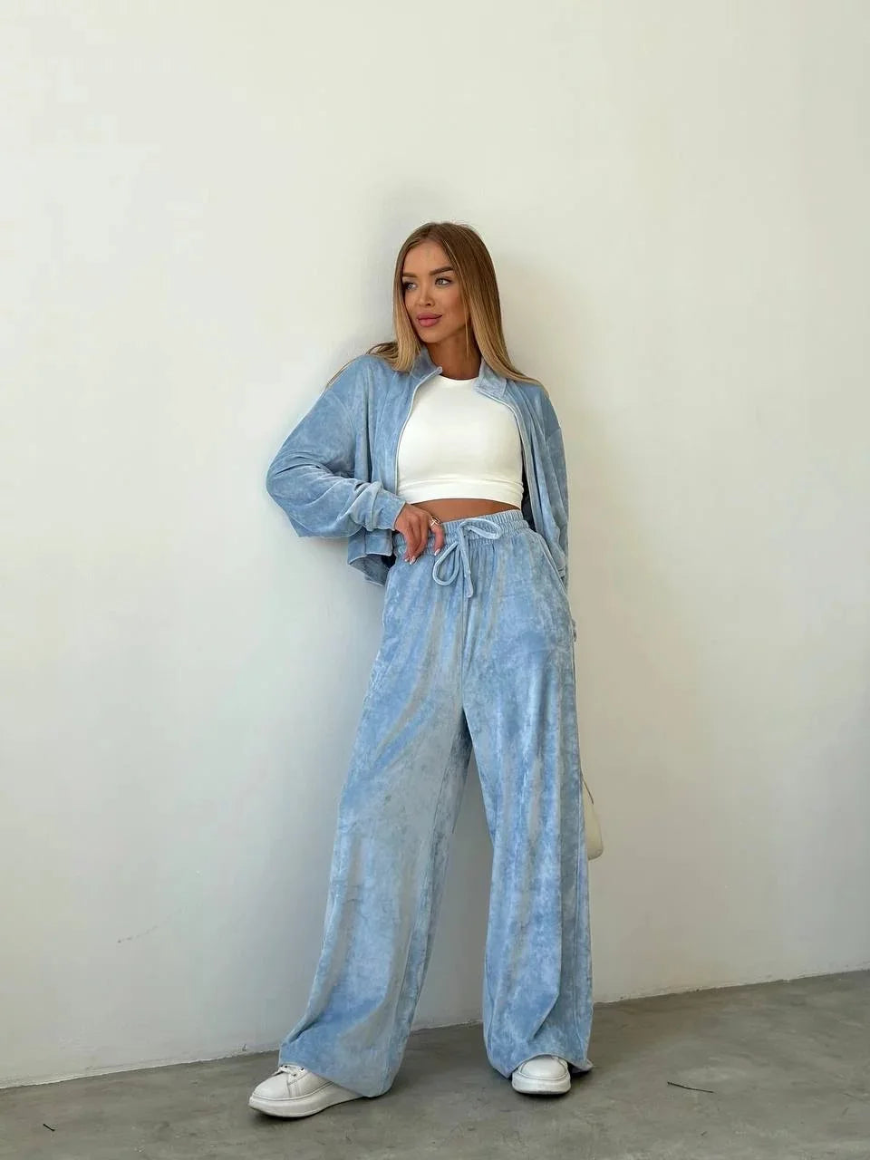 Autumn And Winter Long-sleeved Zipper Lapel Jacket Elastic Waist Wideleg Trousers Velvet Casual Two-Piece Suit For Office Ladies
