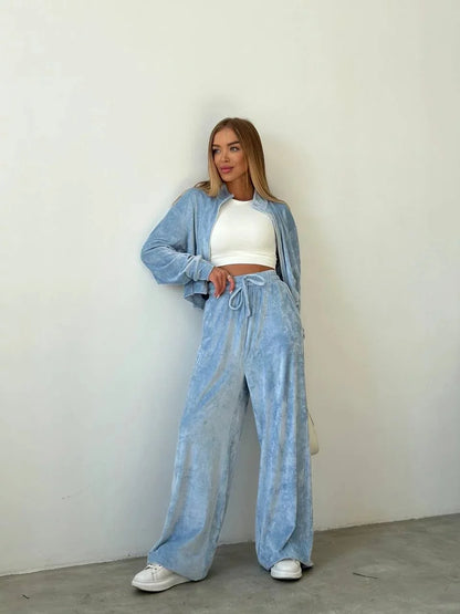 Autumn And Winter Long-sleeved Zipper Lapel Jacket Elastic Waist Wideleg Trousers Velvet Casual Two-Piece Suit For Office Ladies