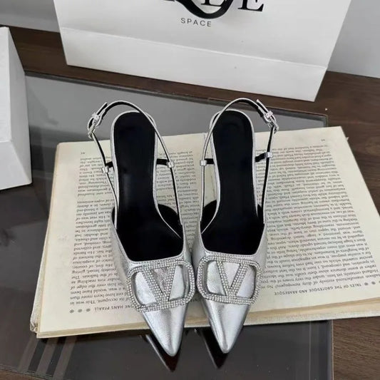 2025 New Summer Women's Sexy Mid-heel Pointed High Heels Women's Fashion Space Stiletto Sandals Women's Nude Single Shoes