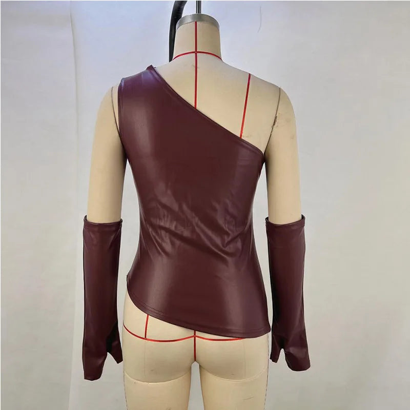 Sexy Shoulder waist Women's tops Leather vest with sleeves irregular hem vest women's clothing