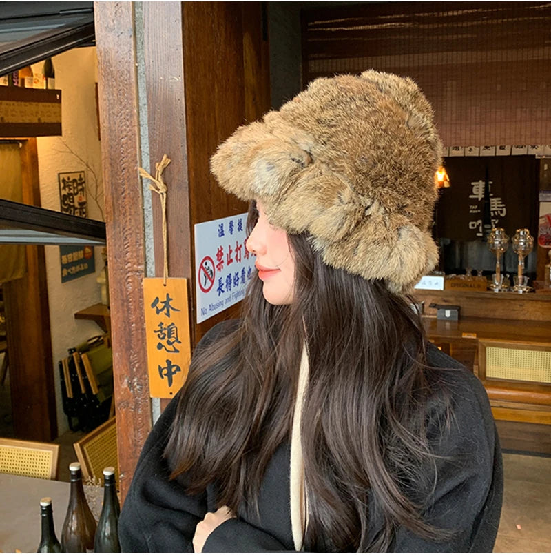 New Real Rabbit Fur Fisherman's Hat For Women Winter Warm Rabbit Fur Caps Soft Natural Rabbit Fur Hats Female Fashion Fur Cap