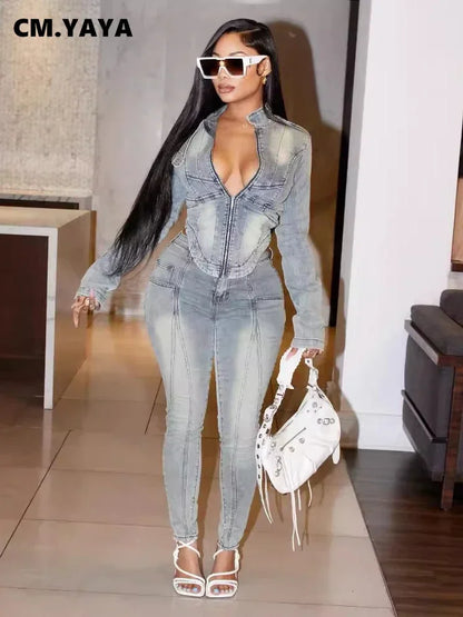 CM.YAYA Fashion Denim Women's Set Full Sleeve V-neck Jacket +Jeans Pants 2024 Fall Streetwear Two 2 Piece Sets Outfit Tracksuit