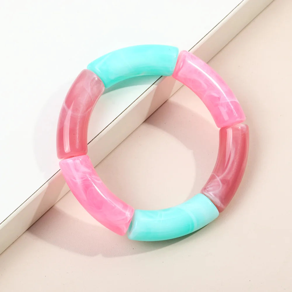 FishSheep Trendy Acrylic Stacked Bamboo Beads Bangles Bracelets for Women Bohemian Resin Elastic Beaded Bracelets Set Jewelry