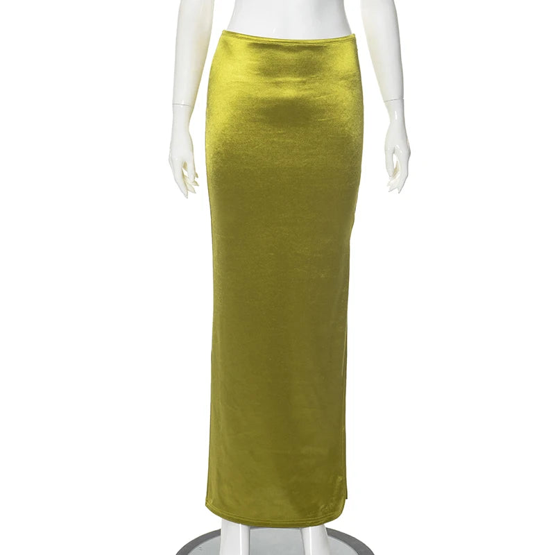 CUTENOVA Stain Long Solid Color Skirt Elegant High Waist Side Split Maxi Skirts Party Sexy Clothes for Women Autumn 2024