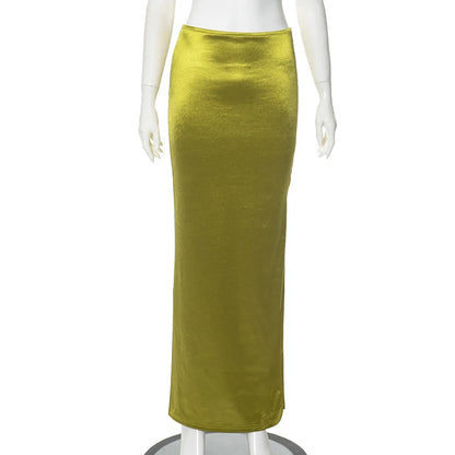 CUTENOVA Stain Long Solid Color Skirt Elegant High Waist Side Split Maxi Skirts Party Sexy Clothes for Women Autumn 2024