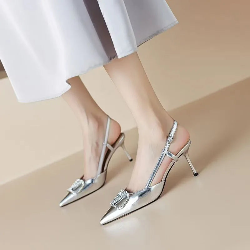 2025 New Summer Women's Sexy Mid-heel Pointed High Heels Women's Fashion Space Stiletto Sandals Women's Nude Single Shoes