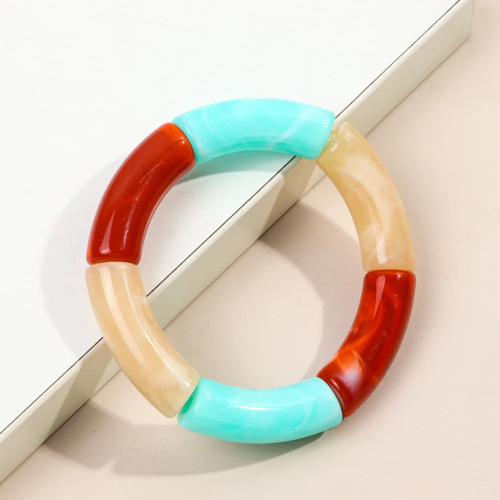 FishSheep Trendy Acrylic Stacked Bamboo Beads Bangles Bracelets for Women Bohemian Resin Elastic Beaded Bracelets Set Jewelry