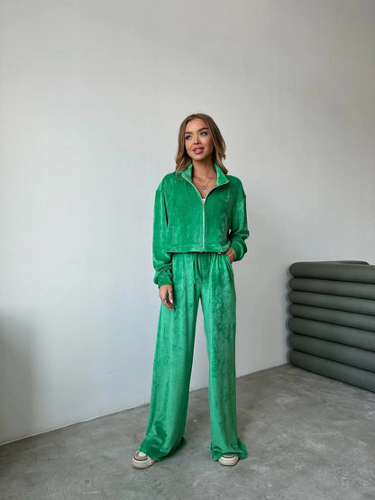 Autumn And Winter Long-sleeved Zipper Lapel Jacket Elastic Waist Wideleg Trousers Velvet Casual Two-Piece Suit For Office Ladies