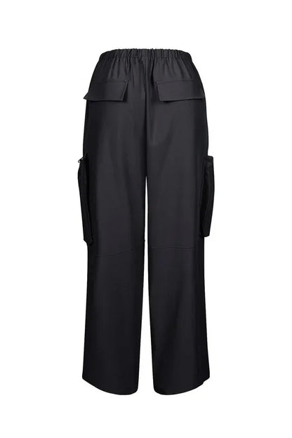 CM.YAYA Women Fashion Zipper Pocket Side Zip Fly Split Hem Wide Leg Safari Style Pants 2025 Drawstring Summer Cargo Trousers