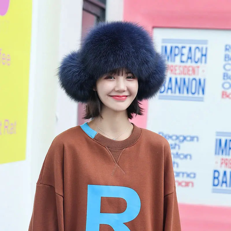 2025 100% Real Fox Fur Hats Women's Russian Ushanka Aviator Trapper Snow Skiing Hat Caps Earflap Winter Raccoon Fur Bomber Hat